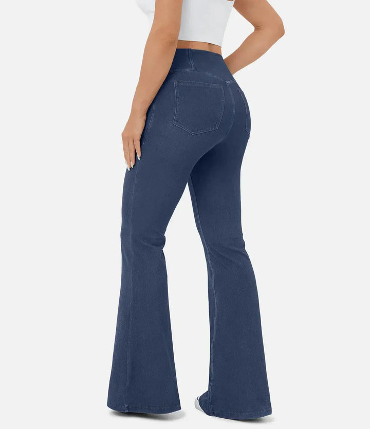 Curvy fit women's high waist stretch jeans, offering superior comfort and a flattering shape, dark blue.