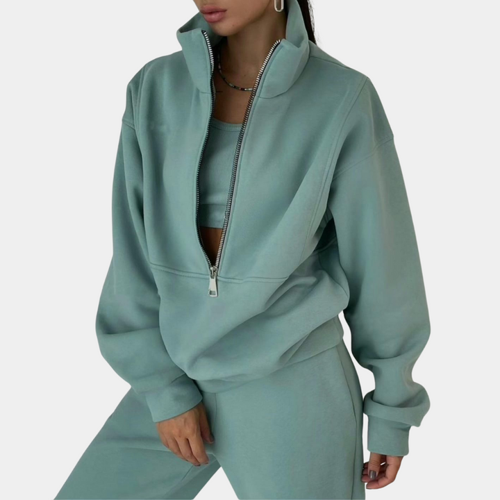 Women's comfortable green jogging suit set, ideal for casual wear, lounging, or light activity.