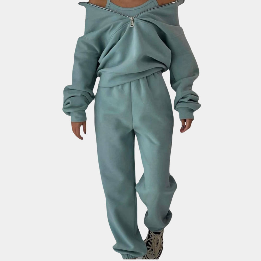 Stylish women's blue two-piece jogging suit set for comfortable activewear or everyday casual fashion.