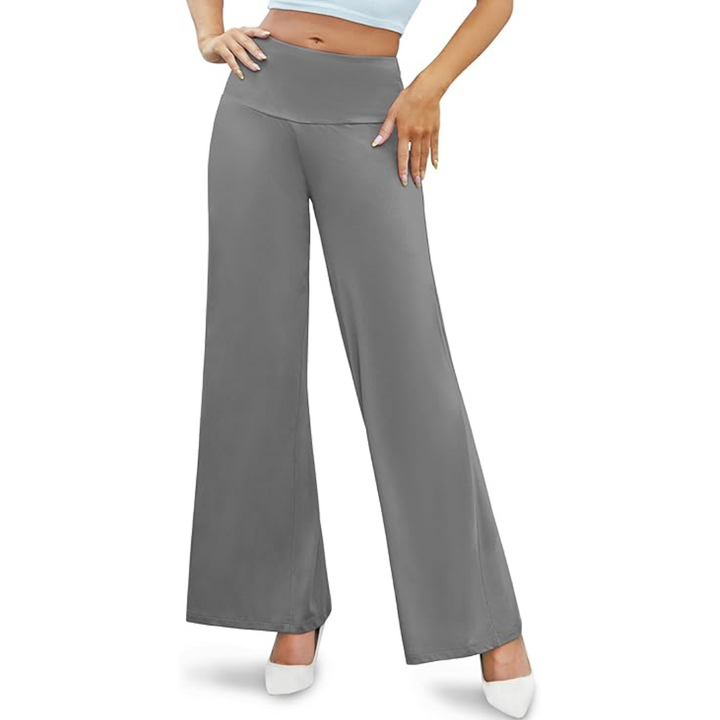 Women's comfortable palazzo trousers, high waist and wide leg, paired with a casual top.