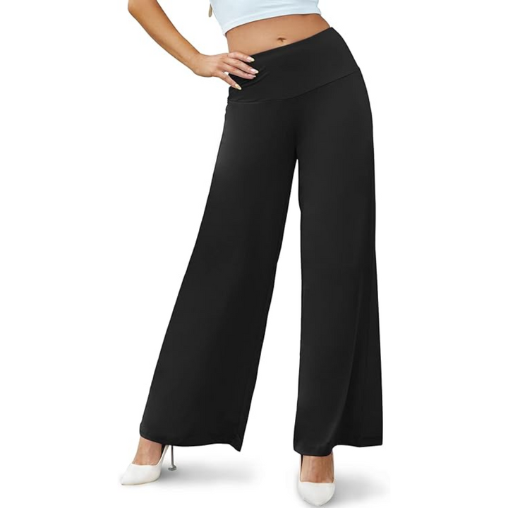 Detail of the high waist and wide leg cut of Oriana women's palazzo trousers, emphasizing comfort.