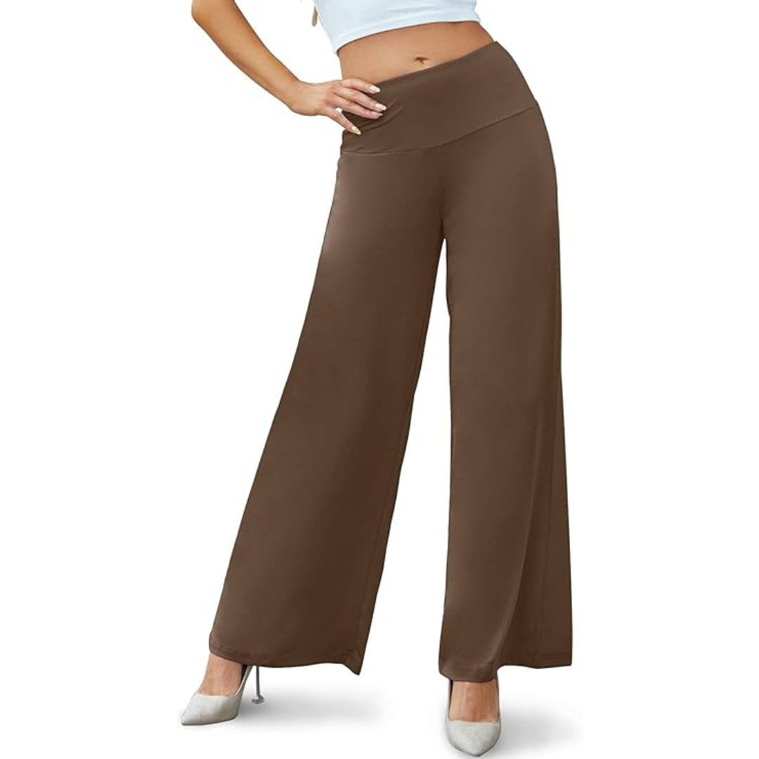 Women's black wide leg palazzo trousers with a high elasticated waist for ultimate comfort and style.