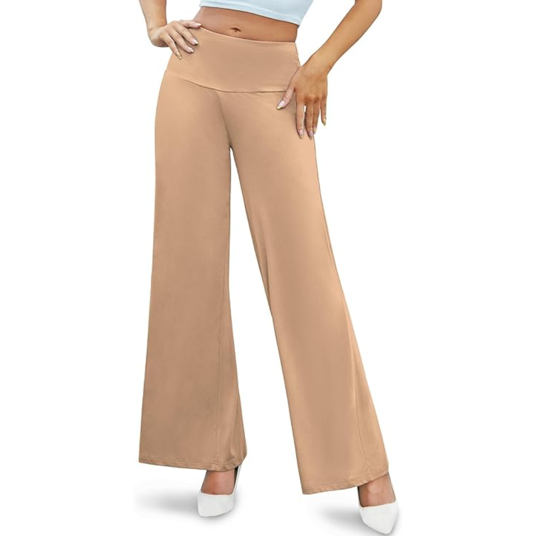 Close-up of the fabric texture on women's comfortable high waist wide palazzo trousers, Oriana.