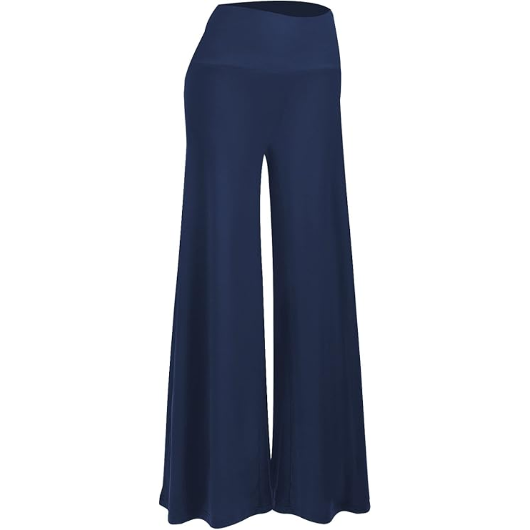 Full-body shot of a woman wearing comfortable high waist wide leg palazzo trousers, front view.