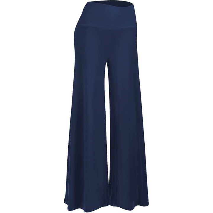 Full-body shot of a woman wearing comfortable high waist wide leg palazzo trousers, front view.
