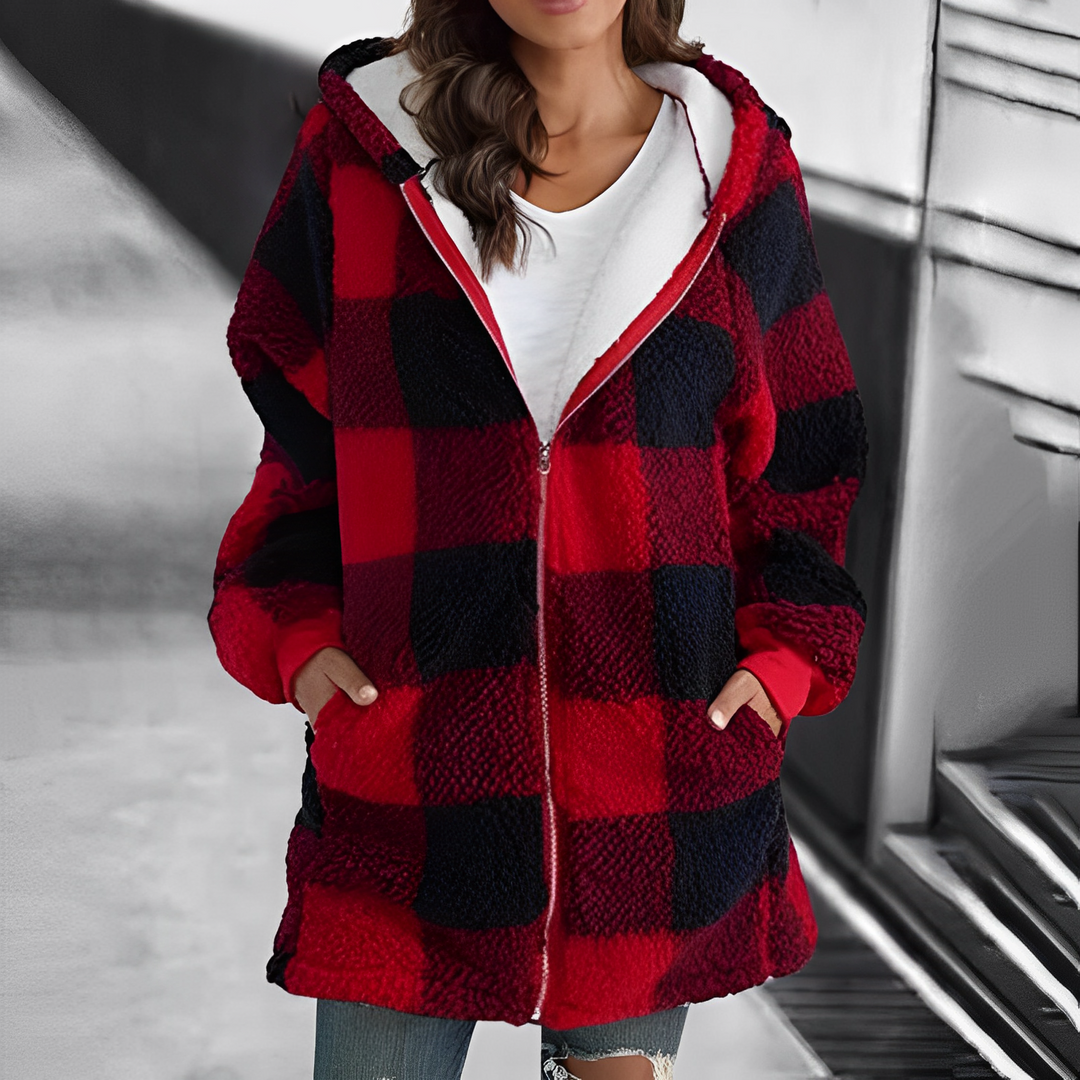 Front view: Women's comfortable hooded coat, a stylish & versatile casual jacket for all-season ladies' fashion.