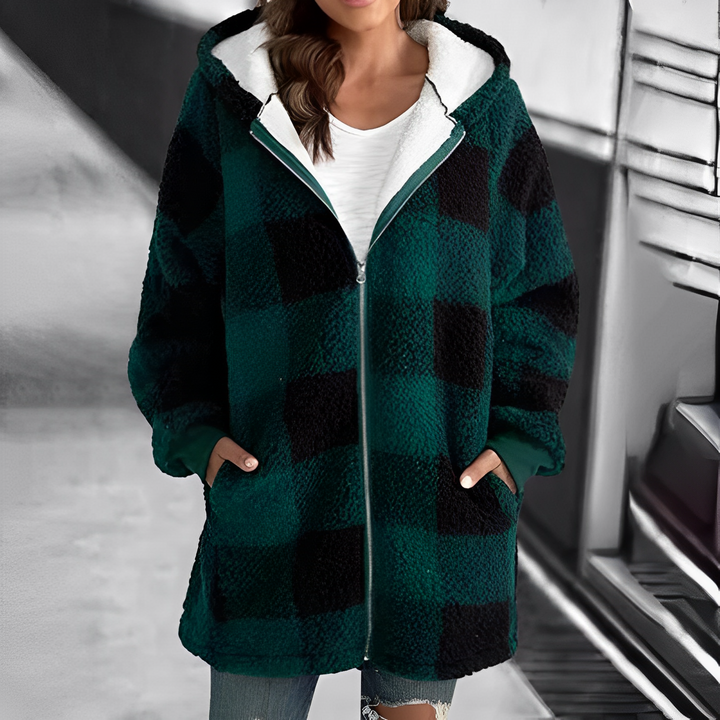 Soft women's hooded coat, offering comfort & warmth. A stylish ladies' jacket, perfect for fall & winter outerwear.