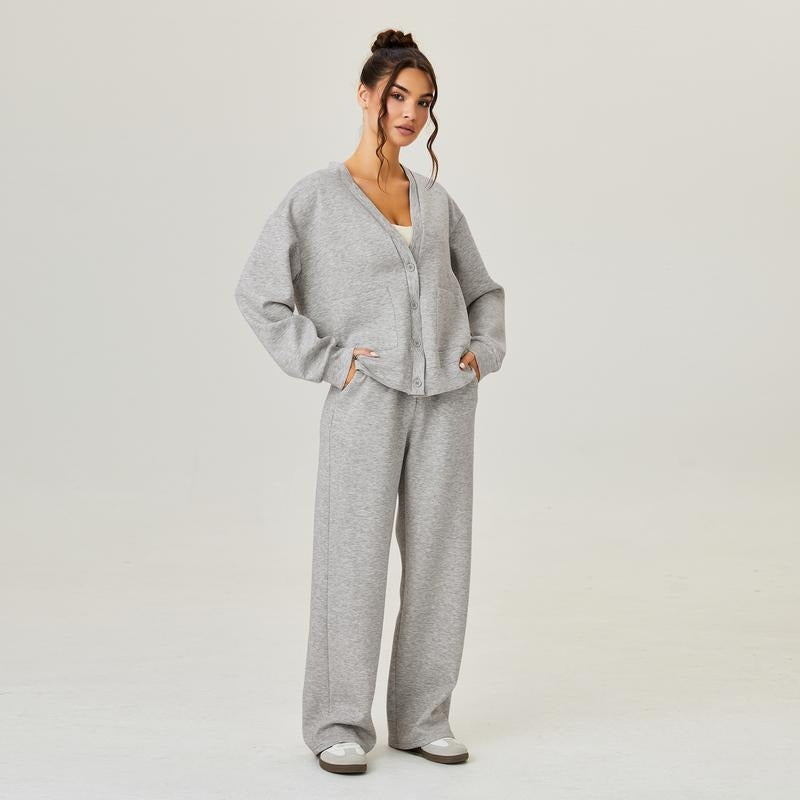 Women's comfortable knit lounge set, a cozy two-piece casual home wear outfit in soft fabric.