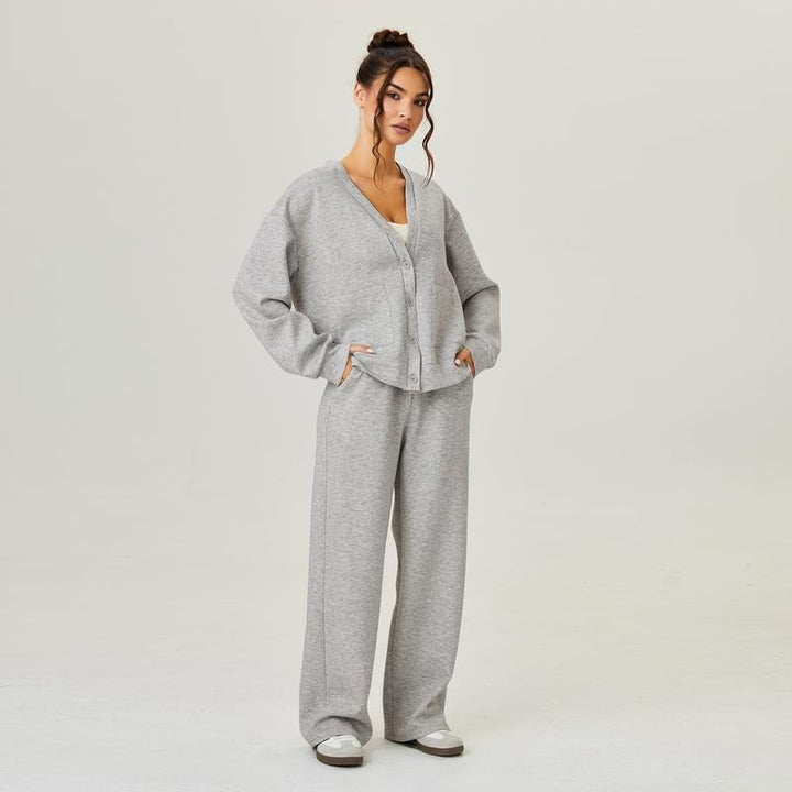 Women's comfortable knit lounge set, a cozy two-piece casual home wear outfit in soft fabric.