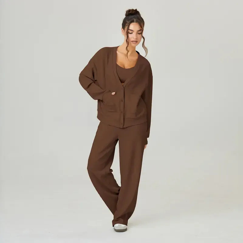Stylish gray women's knit lounge set; comfortable two-piece casual home wear for ultimate relaxation.