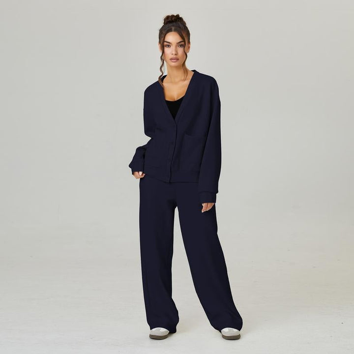 Soft brown women's knit lounge set; cozy two-piece outfit perfect for casual home wear and comfort.