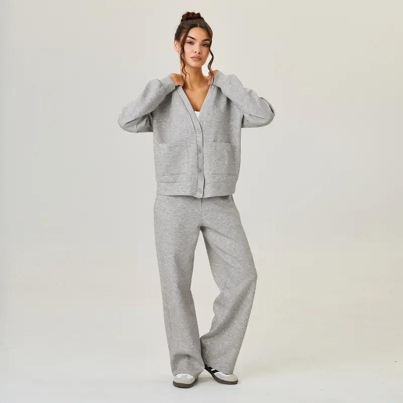 Women's comfortable knit lounge set, a two-piece casual outfit in gray, brown, or navy blue for home.