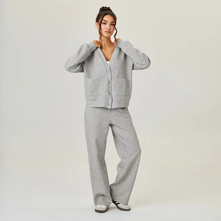 Women's comfortable knit lounge set, a two-piece casual outfit in gray, brown, or navy blue for home.