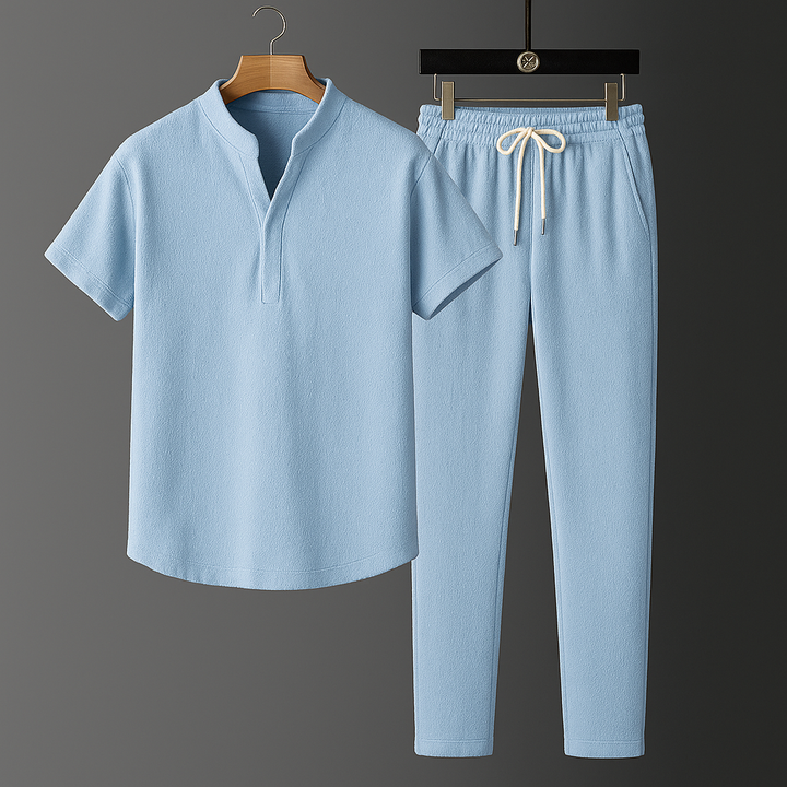 Women's comfortable linen blend two-piece set, short sleeve top & joggers. Perfect for casual summer wear.