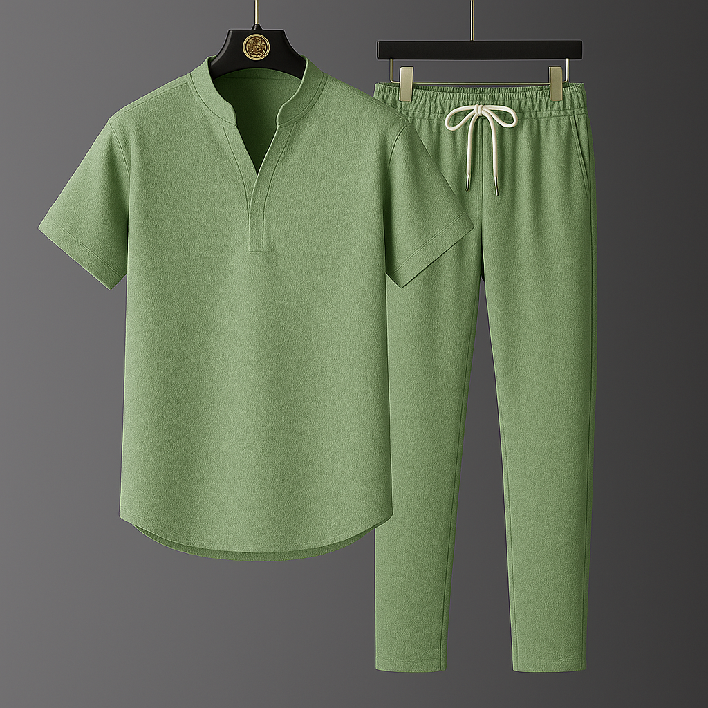 Model wearing a breathable linen blend two-piece loungewear set for women. Relaxed fit, ideal for summer comfort.