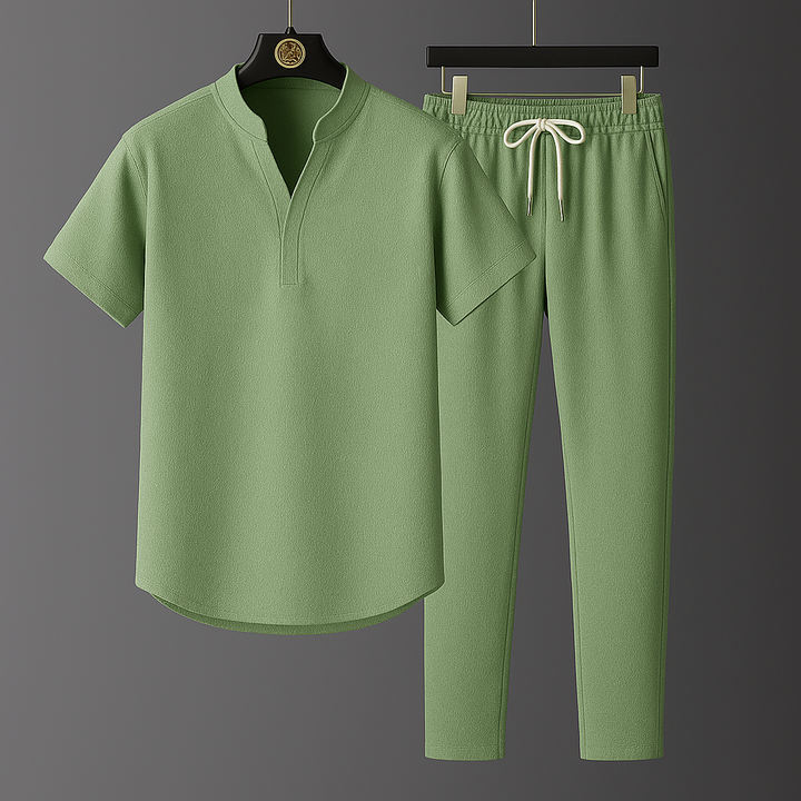 Model wearing a breathable linen blend two-piece loungewear set for women. Relaxed fit, ideal for summer comfort.