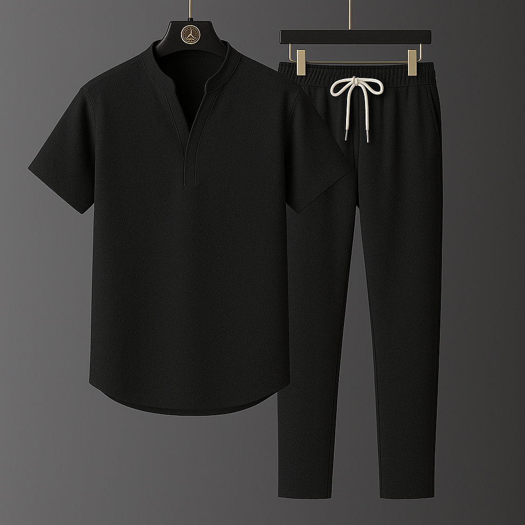 Stylish women's linen blend casual two-piece summer outfit featuring a relaxed short-sleeve top and comfy joggers.