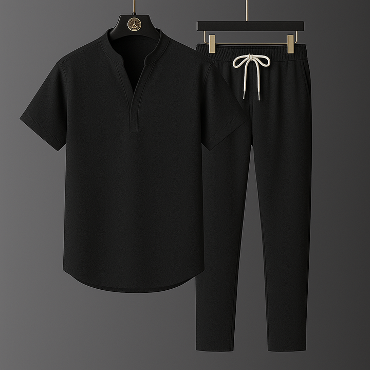 Stylish women's linen blend casual two-piece summer outfit featuring a relaxed short-sleeve top and comfy joggers.