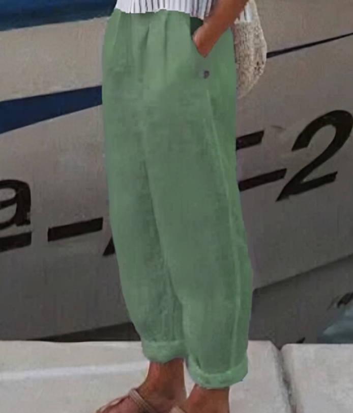 Women's comfortable linen trousers, perfect for stylish, breathable summer wear.