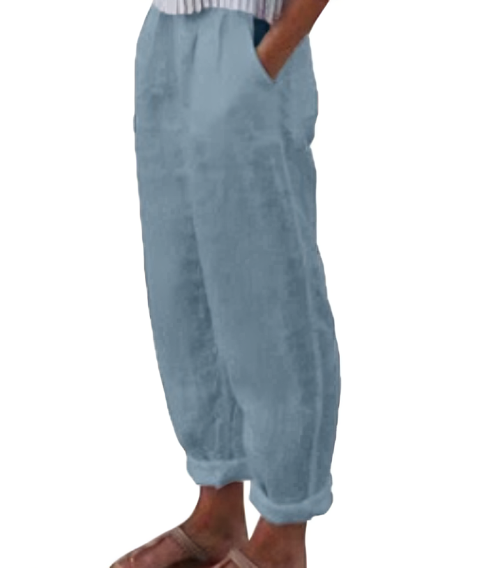 Breathable linen trousers for women, ideal for a comfortable & stylish summer outfit.