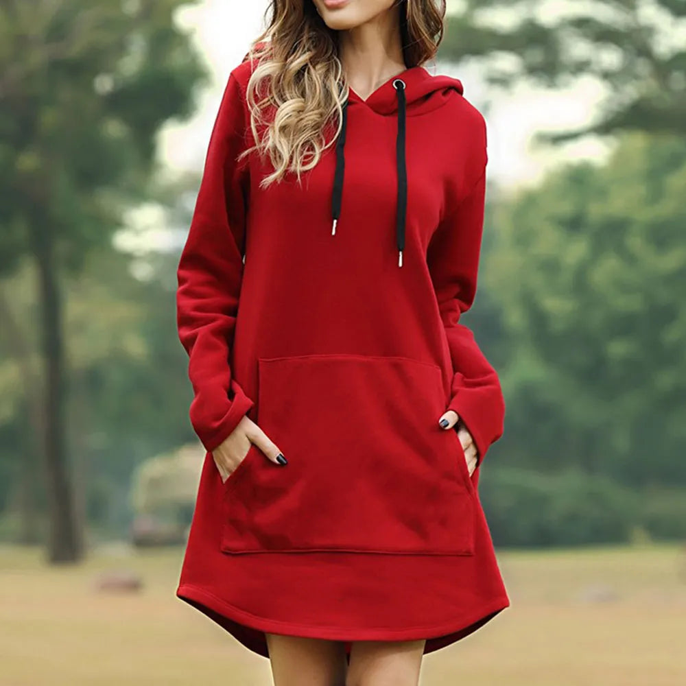Cozy women's long hooded dress with practical pockets, ideal for loungewear or fall/winter casual outings.