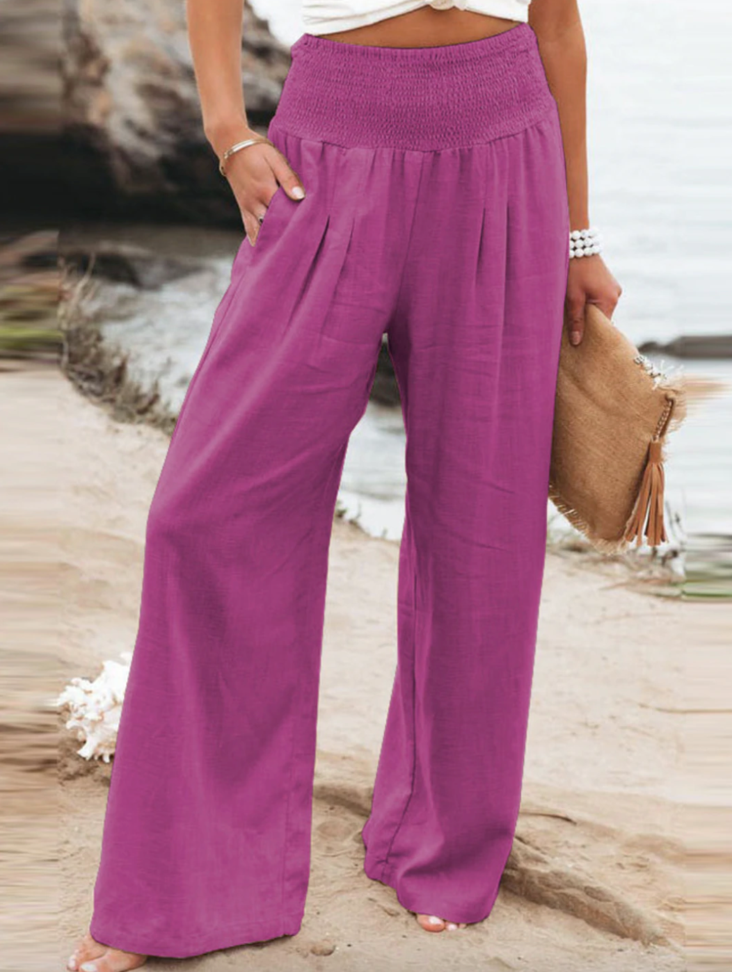 Spring/summer women's loose fit linen blend trousers, comfortable and stylish for everyday wear.