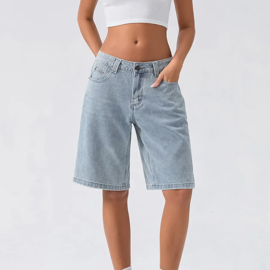 Stylish women's mid-waist Bermuda shorts, a versatile choice for warm weather fashion.