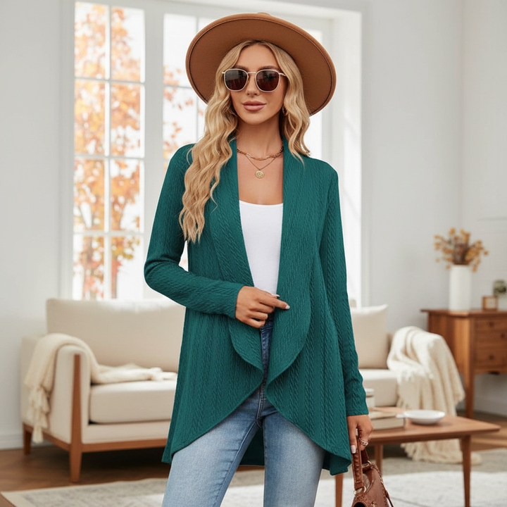 Women's comfortable open front knitted cardigan in a neutral tone, perfect for autumn layering