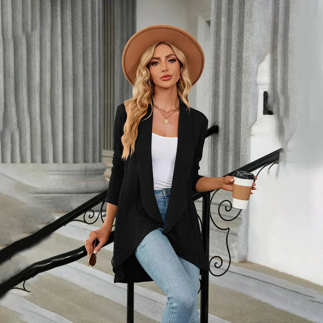 Autumn wear women's knitted cardigan with an open front and comfortable long sleeves