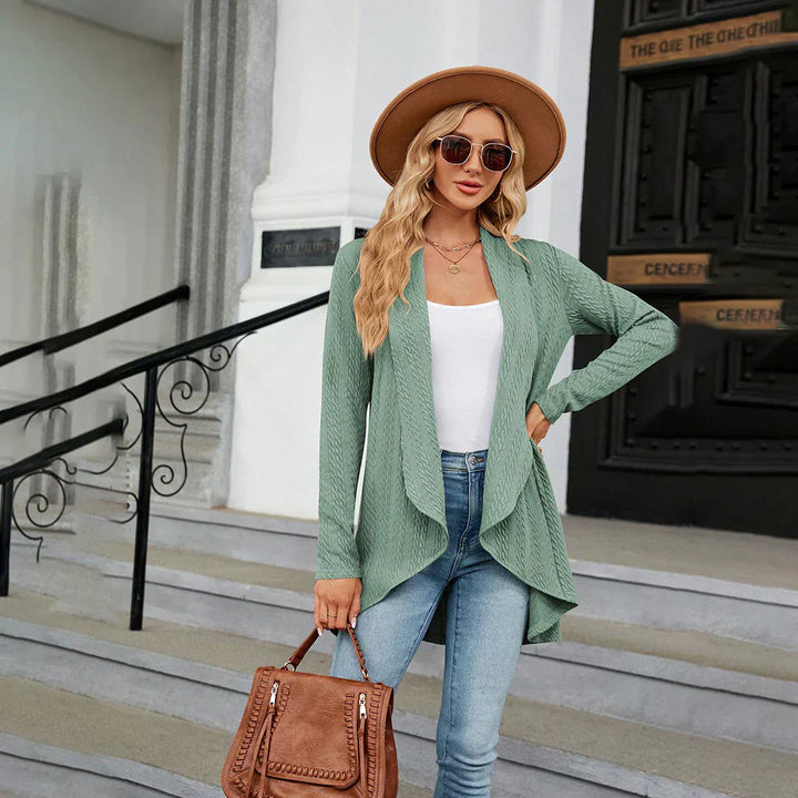 Brigitte women's open front cardigan, draped over a model, showcasing versatile fashion