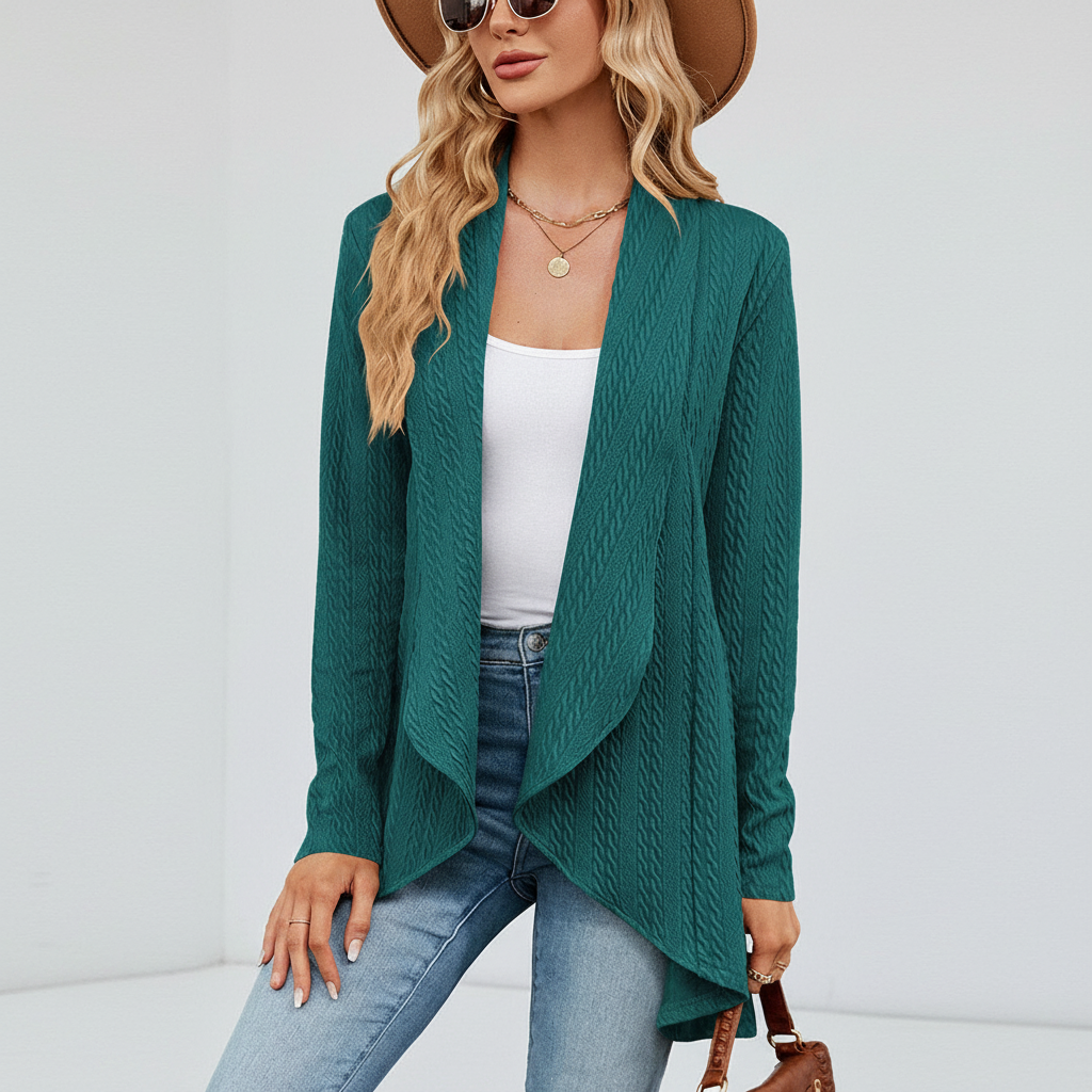 Open front long sleeve cardigan for women, side view, showing its relaxed silhouette