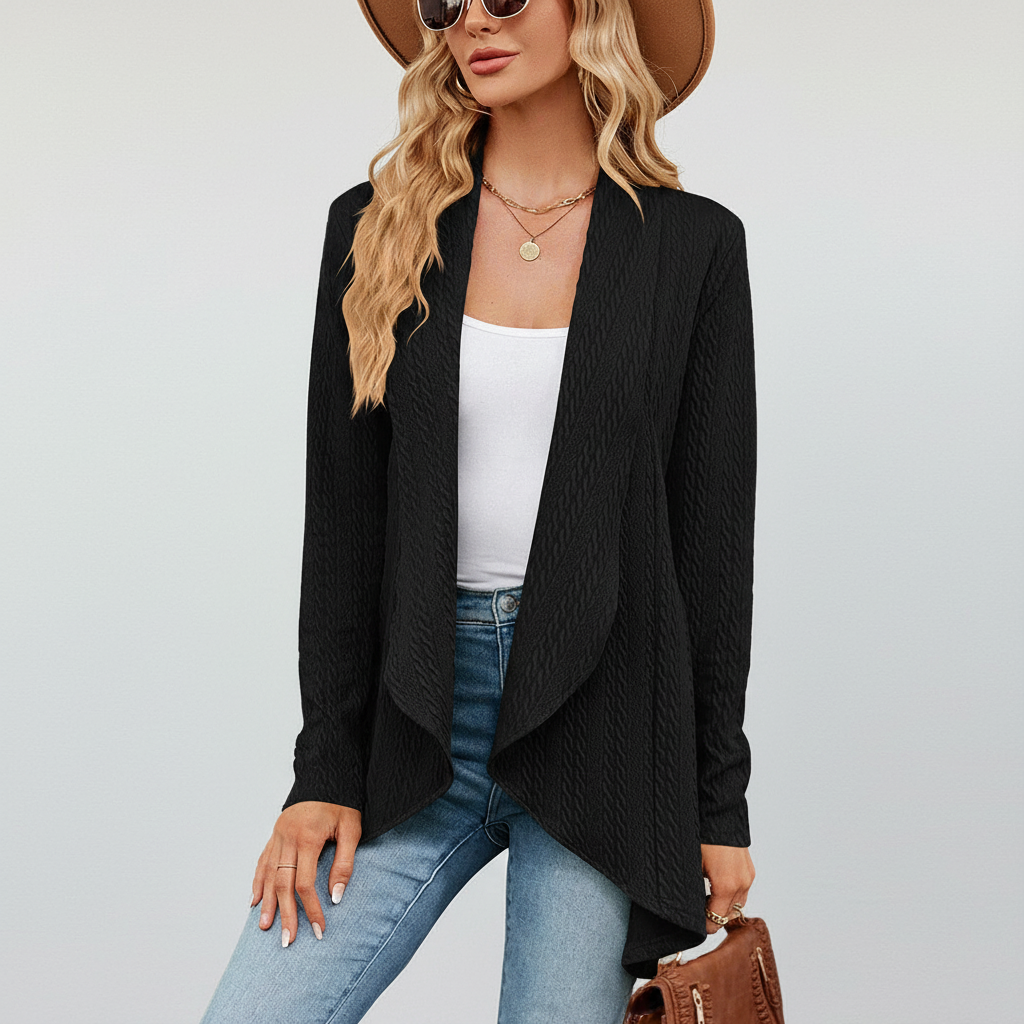 Brigitte open front knitted cardigan for women, embodying comfortable and versatile fashion