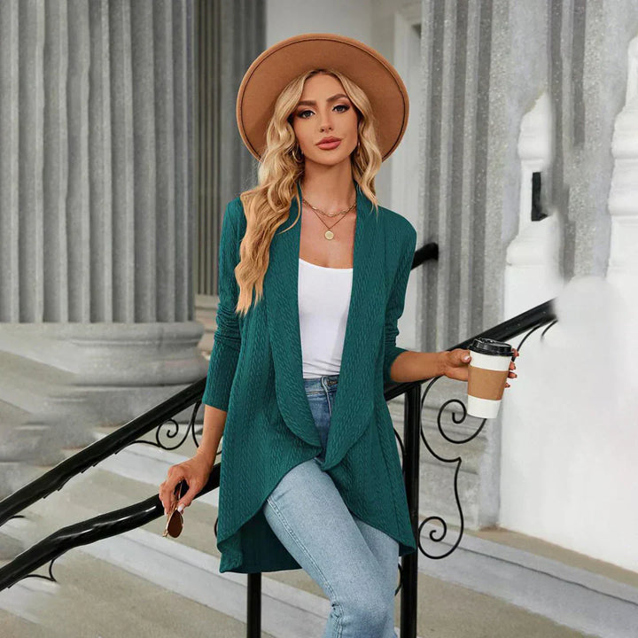 Comfortable women's open front cardigan, showing knitted texture, ideal for cozy autumn days
