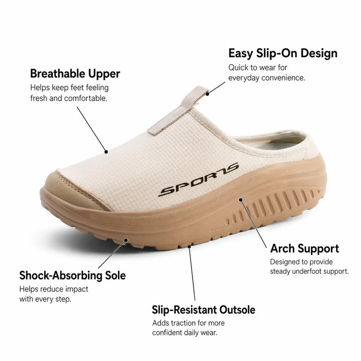 Soft cushioned women's slip-on house shoes with orthopedic arch support.