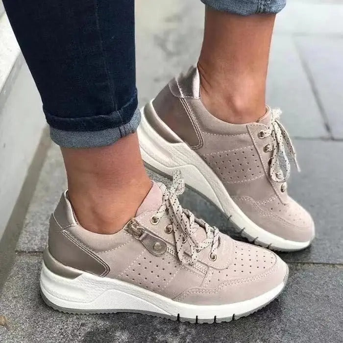 Closeup of soft fabric on women's comfortable orthopedic walking shoes for daily wear