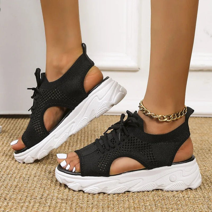 Breathable women's lace-up open-toe platform sandals, comfortable orthopedic style for summer casual wear.