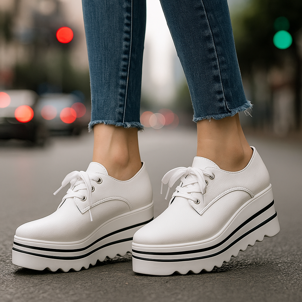 Casual women's platform lace-up shoes, offering versatile comfort for daily activities. Textured design.