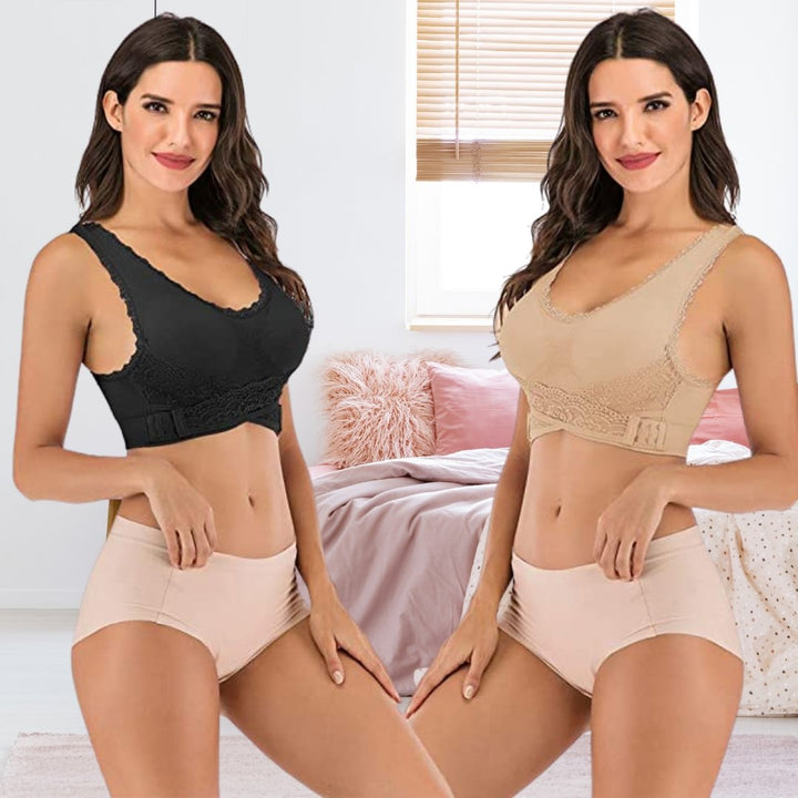 Supportive women's bra designed for posture correction & back pain relief, featuring wide adjustable straps.