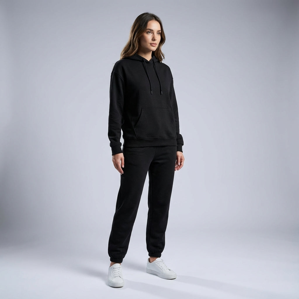 Close-up of women's stretch fabric tracksuit, showing soft polyester texture suitable for casual and sportswear