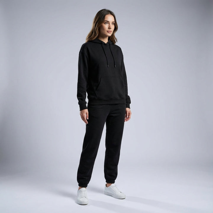 Close-up of women's stretch fabric tracksuit, showing soft polyester texture suitable for casual and sportswear