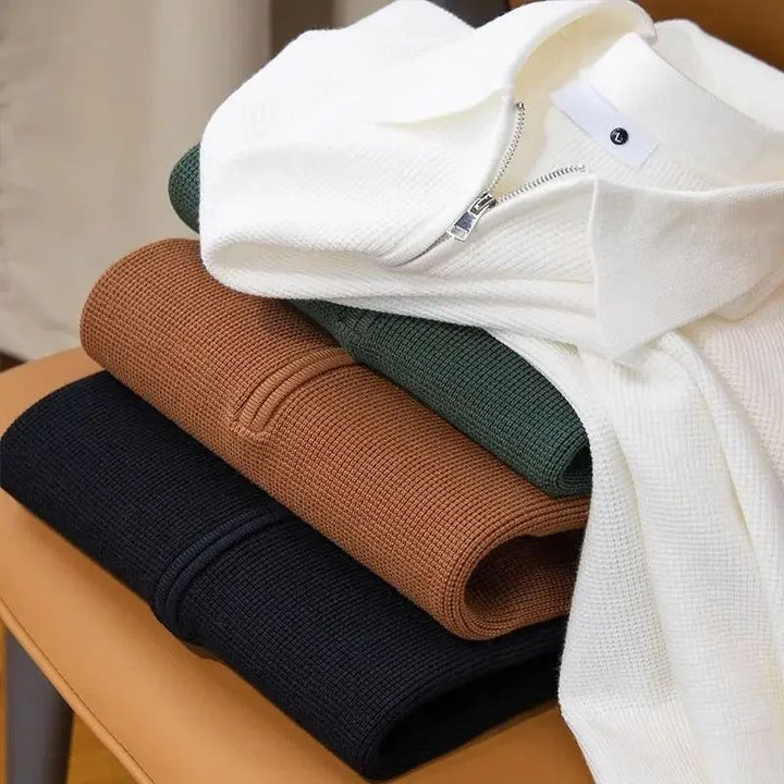 Warm women's quarter zip sweater, a cozy pullover top for fall fashion and relaxed winter comfort.