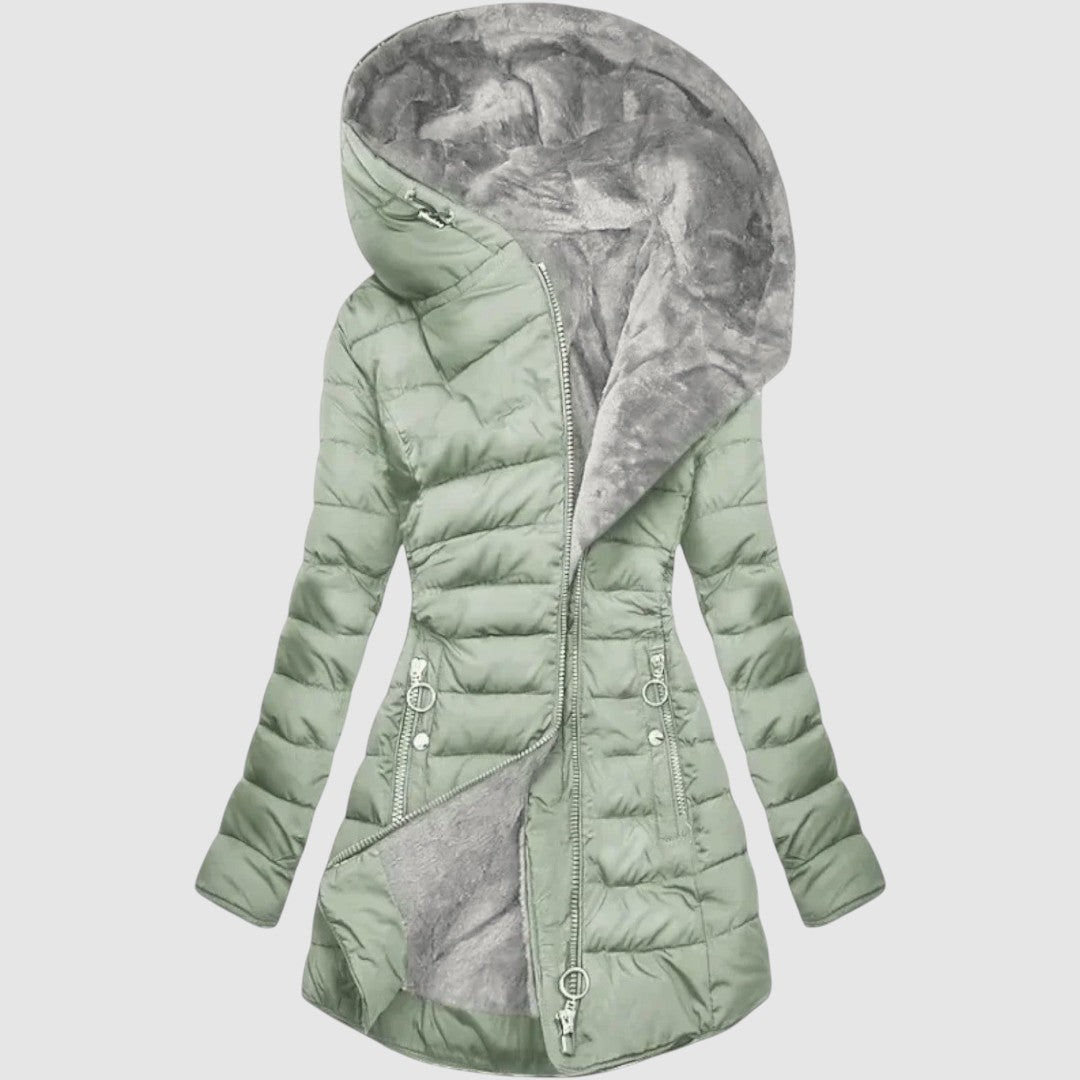 Women's comfortable quilted winter jacket in light green, perfect for everyday cold weather warmth.