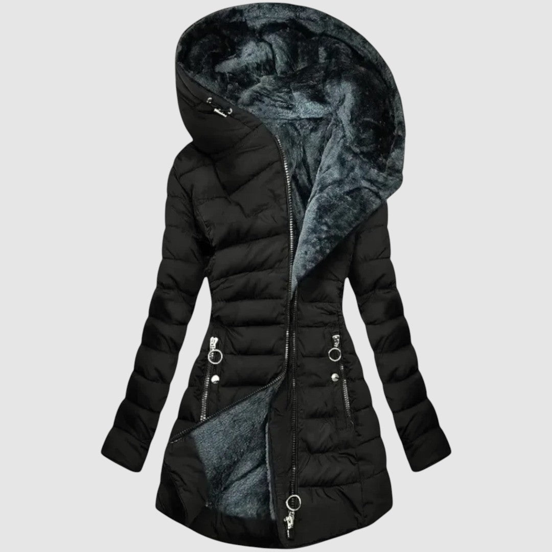 Stylish black quilted hooded jacket for women, offering warmth and comfort in cold winter weather.
