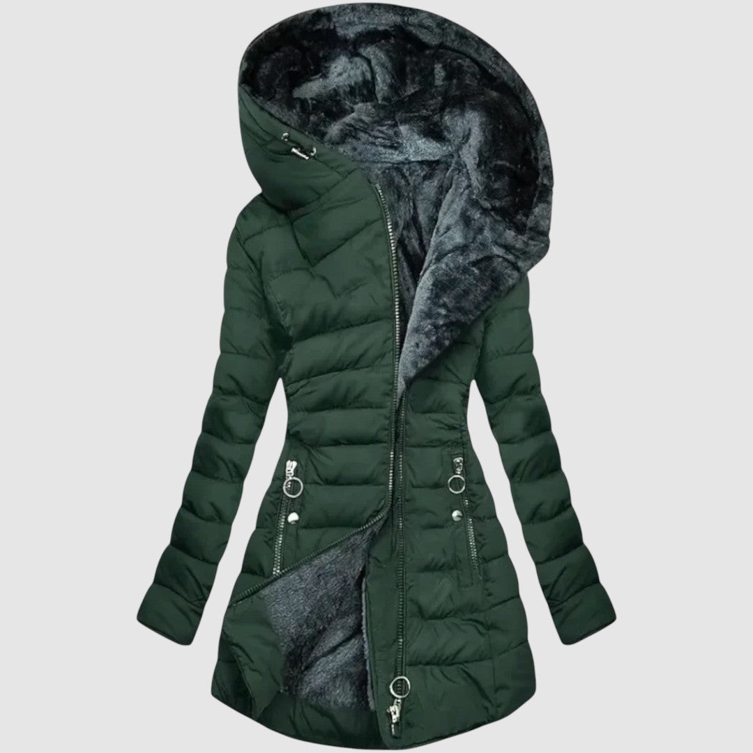 Warm dark green women's quilted winter coat, ideal fashion outerwear for chilly autumn & winter days.