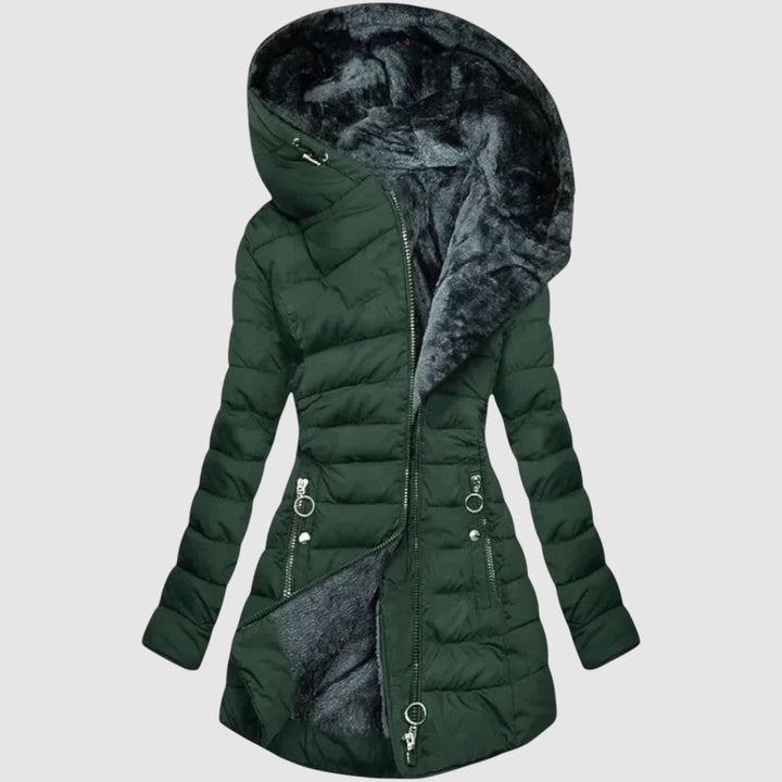 Warm dark green women's quilted winter coat, ideal fashion outerwear for chilly autumn & winter days.