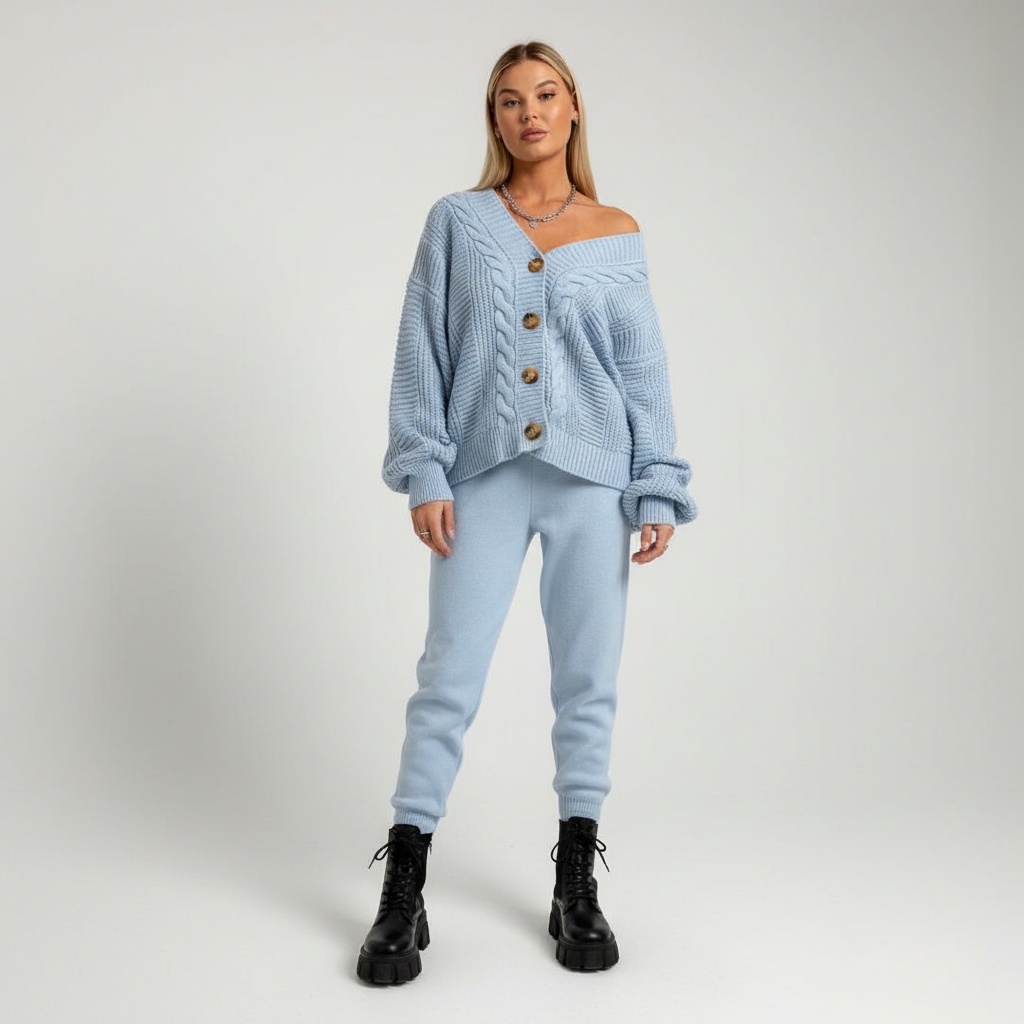 Full view of a woman wearing the comfortable ribbed knit button-down cardigan, ideal for layering.