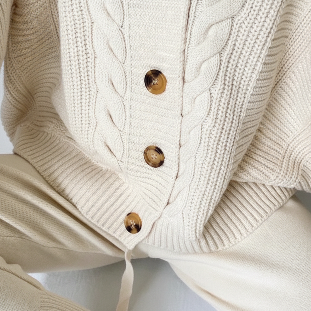 Ribbed knit women's cardigan with elegant buttons, a versatile fashion piece in neutral shade.