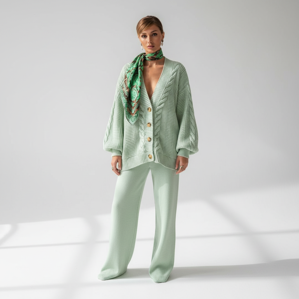Long-sleeve ribbed knit cardigan for women, unbuttoned, draped for a relaxed loungewear look.