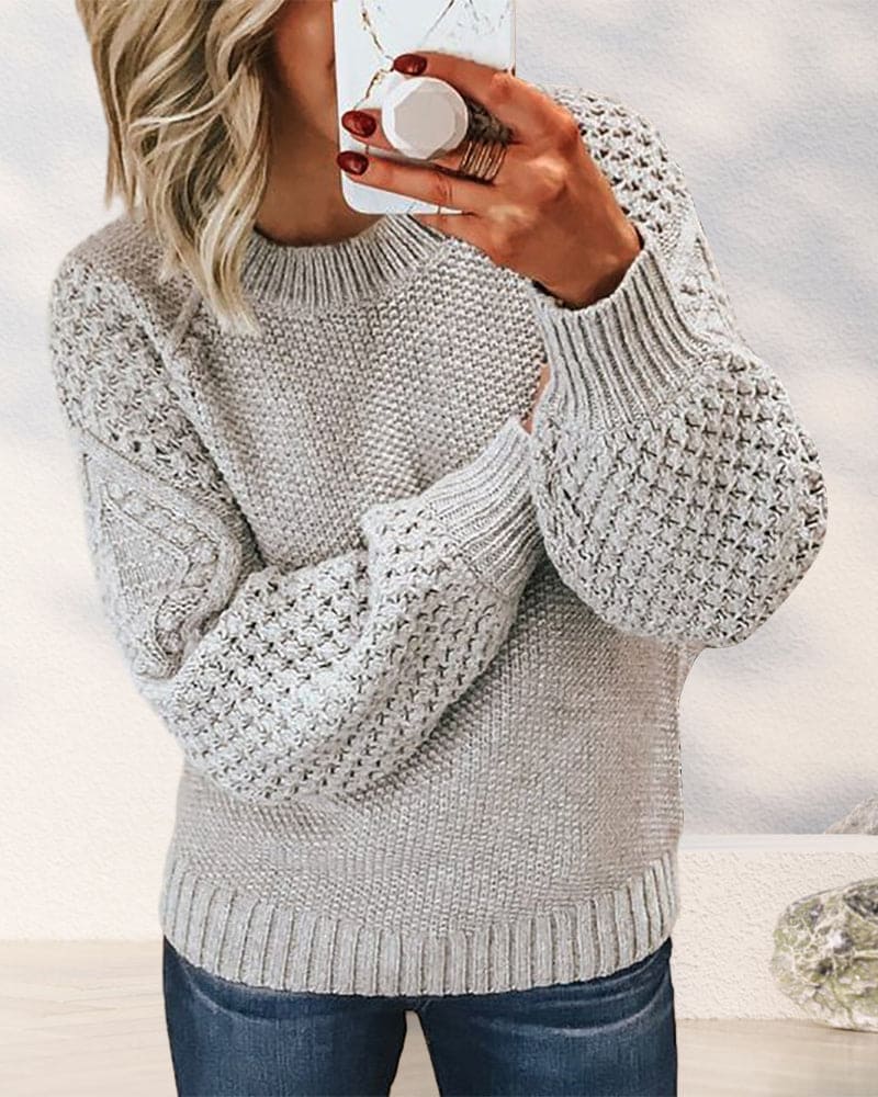 Ribbed women's pullover sweater, long sleeve, round neck. Comfortable & versatile for timeless casual style.