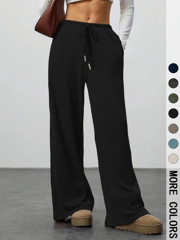 Ribbed wide-leg lounge pants for women with an adjustable drawstring, perfect for relaxed casual style.